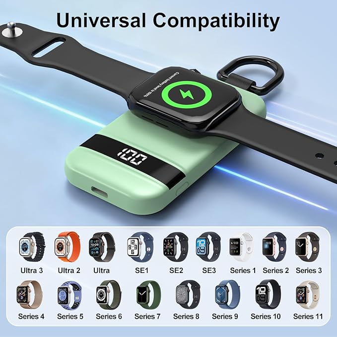 Portable Charger for Apple Watch, 2500mAh & Digital Display – Magnetic Fast Charging iWatch Charger for Travel – for Apple Watch Series 1-11/SE1-3/Ultra 1-3 (Mint Green)