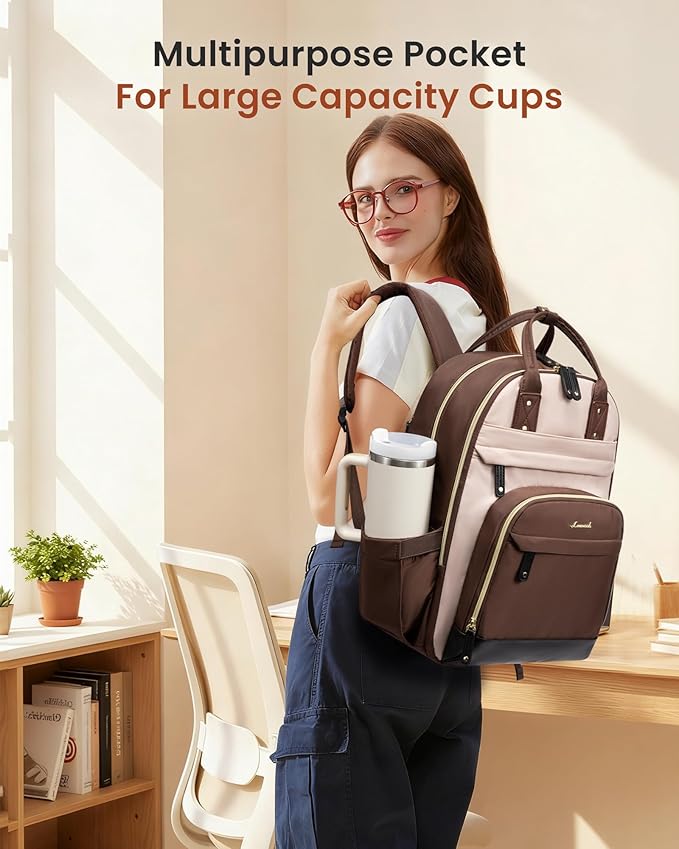 LOVEVOOK Laptop Backpack for Women with Giant Tumbler Holder,17 inch School College Book Bag Nurse Teacher Backpack,Waterproof Work Travel Backpack Purse Laptop Computer Bag,Coffee-Milk tea-Coffee