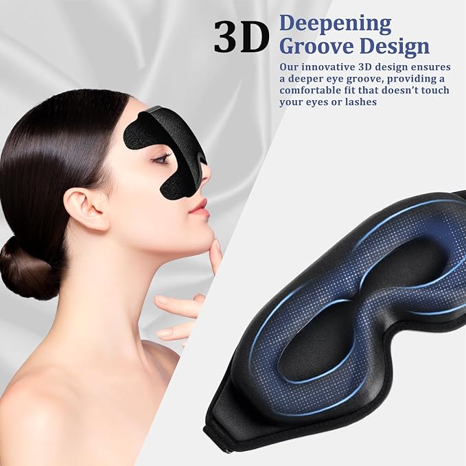 3D Deep Contoured Zero Pressure Sleep Eye Mask for Men & Women, Blackout Blindfold with Adjustable Strap for Travel, Home, Nap (Black)