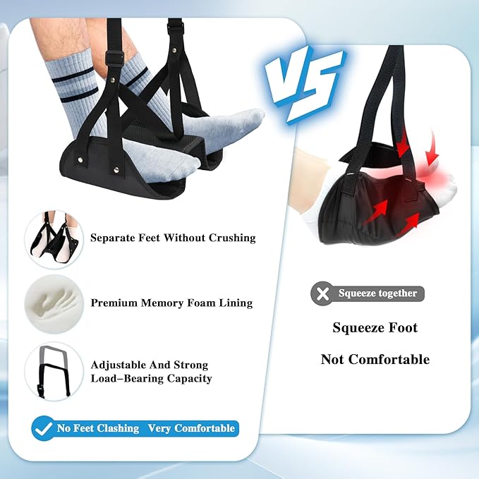 Separated Foot Hammock for Airplane Travel (2 Pack) - Portable, Height Adjustable Foot Rest for in-Flight Office Travel Accessories - Airplane Leg Rest to Reduce Swelling and Soreness