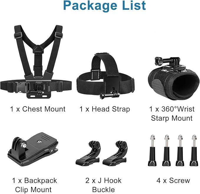 Chest Mount Harness, 4 in 1 Accessories Kit Compatible for Gopro Hero 13/12/11/10/9/8/7/6/5/4/3,Head Strap Mount,360°Rotation Wrist Strap Mount,Backpack Clip Holder,Adjustable Action Camera Mount Set
