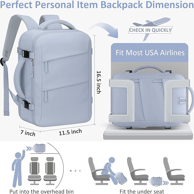 Tenot Carry on Backpack for Women TSA Approved 15.6 Inch Travel Laptop Backpack for Women Travel Essentials Foldable Womens Travel Backpack Suitcase Blue