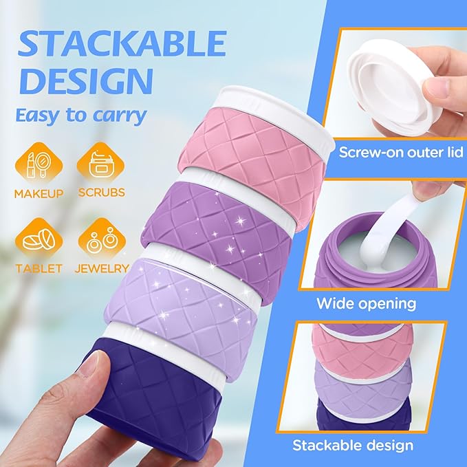 16 Pack Travel Bottles for Toiletries, TSA Approved Travel Size Toiletries Containers Set, BPA-Free Silicone Leak Proof Refillable Bottles Stackable Creams Jars Accessories Kit W/Clear Bag(Purple)