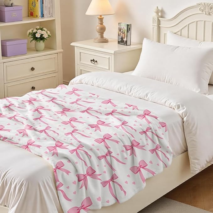 Wajade Pink Bow Blanket for Girls Kids- Pink Bow Blanket Gifts for Girls Women Birthday for Kids Teens Child Toddler Throw 50"x60"