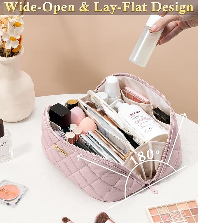 Travel Makeup Bag, 3 Pcs Large Capacity Puffy Toiletry Bag for Women, Open Flat Make up Cosmetic Organizer w/Handle & Clear Divider Water-resistant Portable Pouch Travel Essentials, M-Light Pink