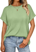 AUTOMET Women's Oversized Short Sleeve T Shirts Casual Drop Shoulder Rolled Cuff Summer Tops for Work, Travel and Lounge