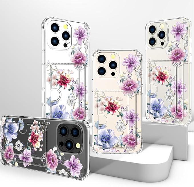 Compatible with iPhone 16 Pro Case Card Holder for Women Cute Design,Wallet Phone Cases Transparent Cool Kawaii Protective (Clear Wonderful Large Flowers)