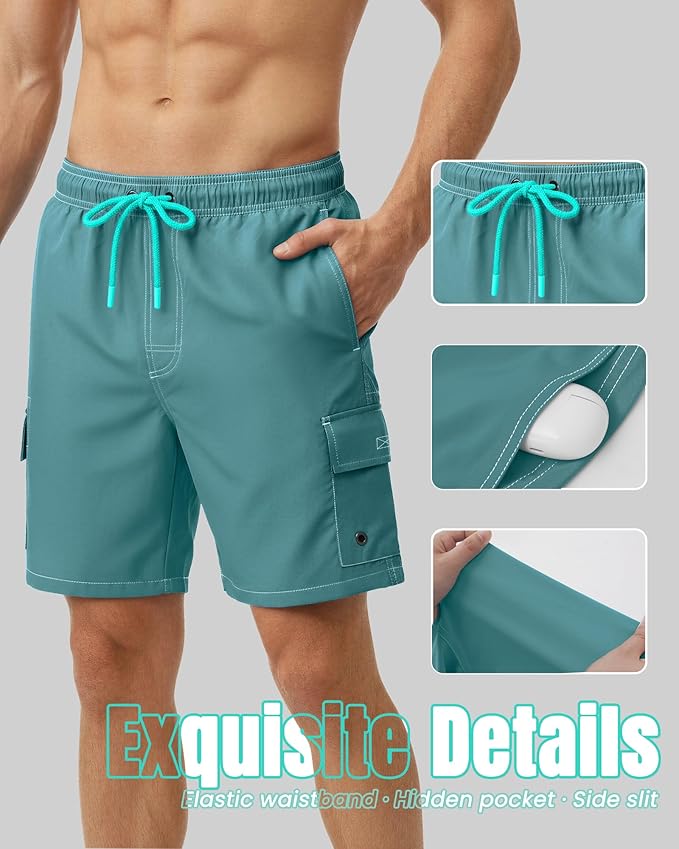 Men Swim Trunks with Compression Liner Quick Dry Breathable Multi Pockets for Summer Beach Cruise Water Park