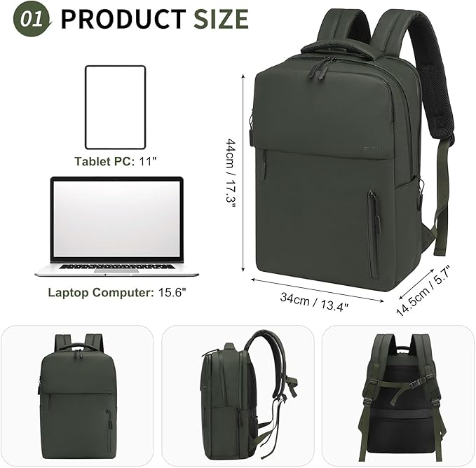 Lightweight 20L Commute Backpack for Men & Women, Water-Resistant Travel Daypack with 15.6-Inch Laptop Compartment & Anti-Theft Pockets, Dark Green