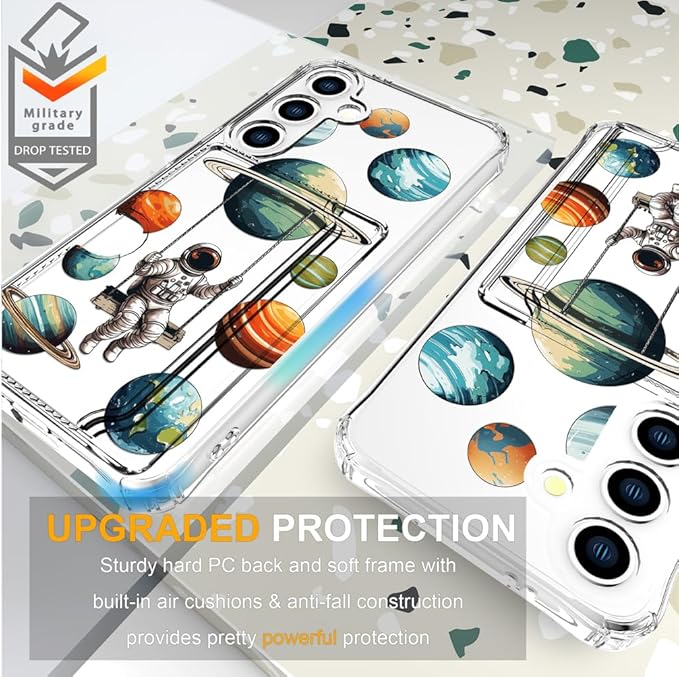 Compatible with Samsung Galaxy S24+ Plus / S25+ Plus Case Card Holder for Women Cute Design,Wallet Phone Cases Transparent Cool Kawaii Protective (Clear Astronaut Space Planets)