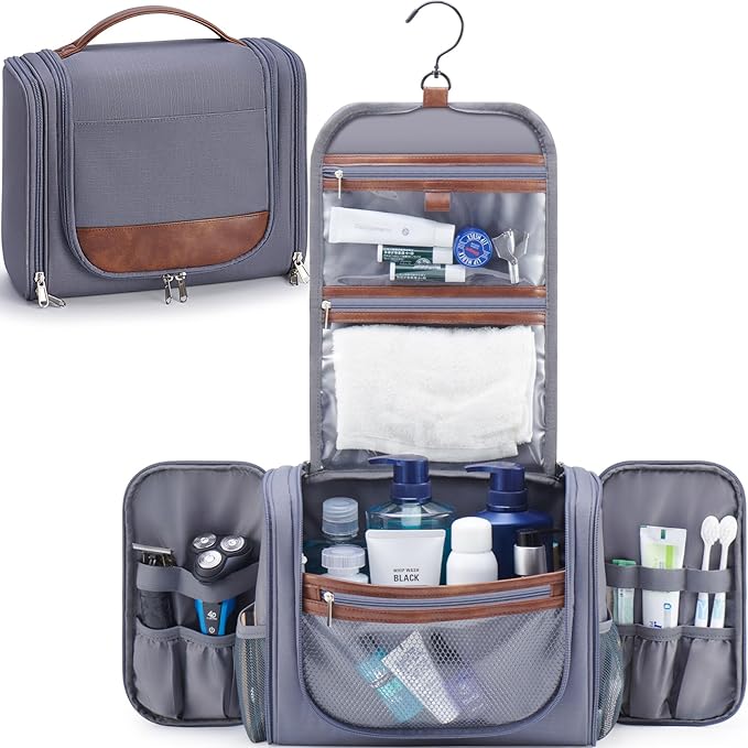 Ralnitote Large Hanging Toiletry Bag for Men, Travel Bathroom Bag with Hook, Hygiene Bag Organizer for Shower, Shaving & Grooming Essentials, Gray