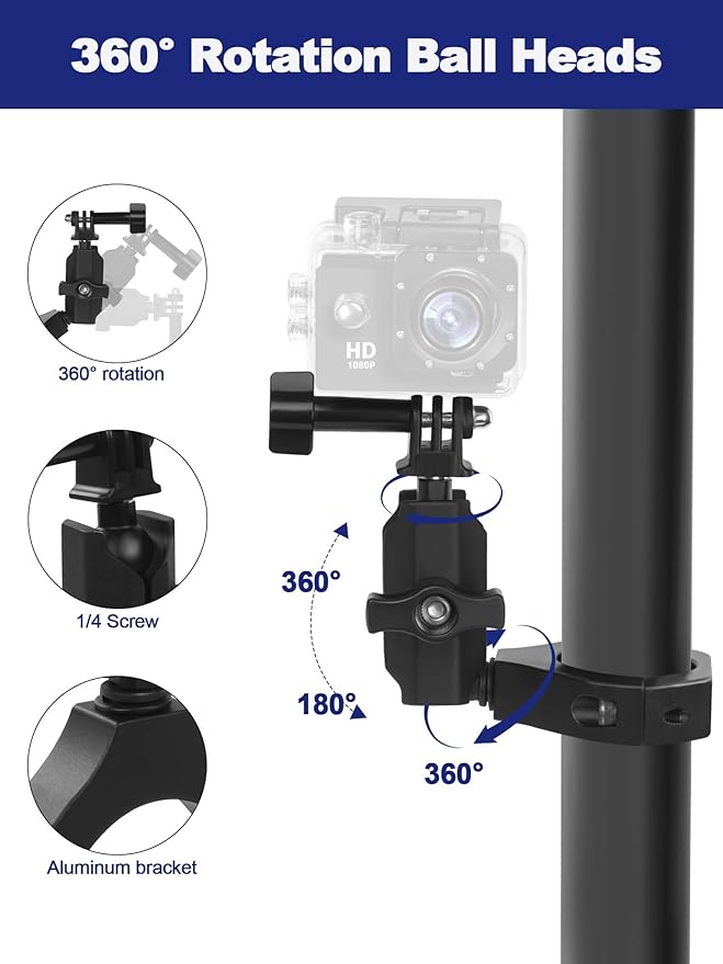 UTV Camera Mount for 1.75"-2" Roll Cage Mount - Compatible with GoPro, Mevo Start & More - Easy to Install Action Camera Accessories on Polaris RZR, Can Am - Durable Alu Alloy Made & 360° Rotation