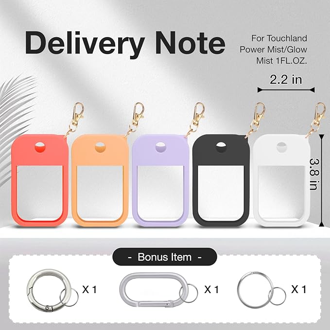 5 PCS Soft Silicone Case for Touchland Power Mist (1FL. OZ./30 mL), Protective and Stylish Case with Keychain Compatible with Touchland Hand Sanitizer Spray (Orange/Red/Purple/Black/White)