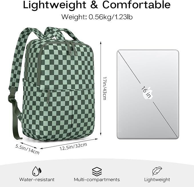 Checkered Backpack for Women Fashion Backpacks with Laptop and Multi Compartment for Travel and Work Bean Green Check
