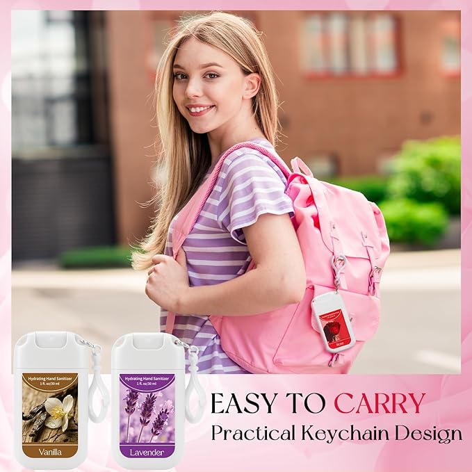 Set of 3 Power Mist Hydrating Hand Sanitizer Spray Bulk with Keychain Travel Size Portable Hand Sanitizer 1 Fl. oz Compact Spray Bottle Lavender Rose Vanilla Scent for Women Graduation Gifts