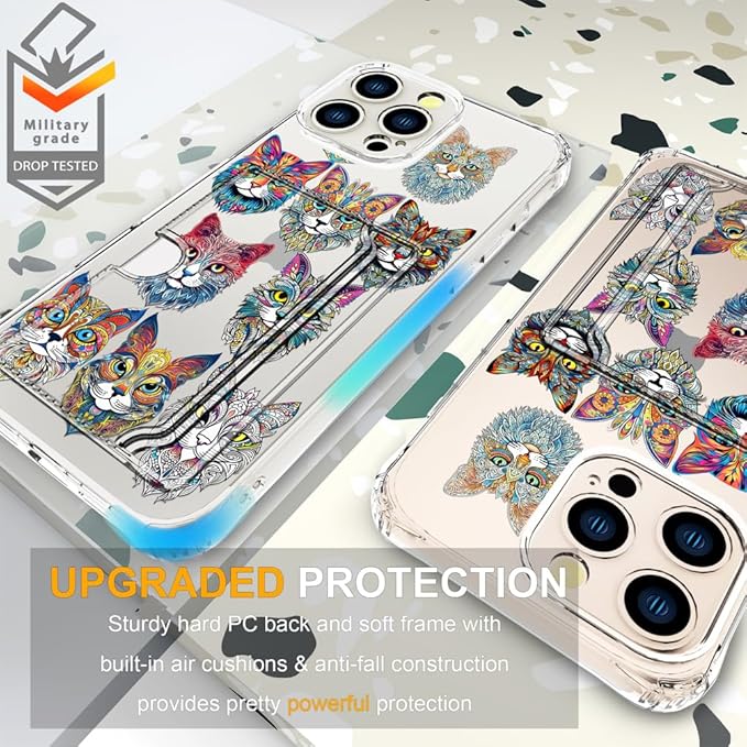Compatible with iPhone 16 Pro Case Card Holder for Women Cute Design,Wallet Phone Cases Transparent Cool Kawaii Protective (Clear Tattoo Cats Animal)