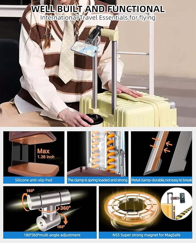 Adjustable Magnetic Phone Holder, Handsfree Airplane Phone Holder, Foldable Airplane Travel Essentials, 360° Rotation for All Mobile Phones Desk Long Flying Tray Table