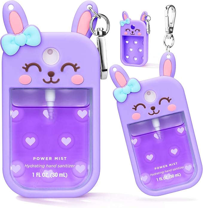 Metyond Rabbit Silicone Case for Touchland Hand Sanitizer Spray with Keychain, Compatible with Power Mist or Glow Mist 1 FL OZ/30ML for Touchland Case, Cute Travel Case for Easter Gifts (1 Pcs Purple)