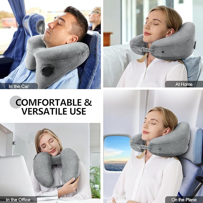 Sunany Travel Neck Pillow for Airplane Pillow Comfortably Supports Head, Neck and Chin, Inflatable Travel Pillow with Soft Velour Cover and Portable Drawstring Bag (Black) (Grey, H)