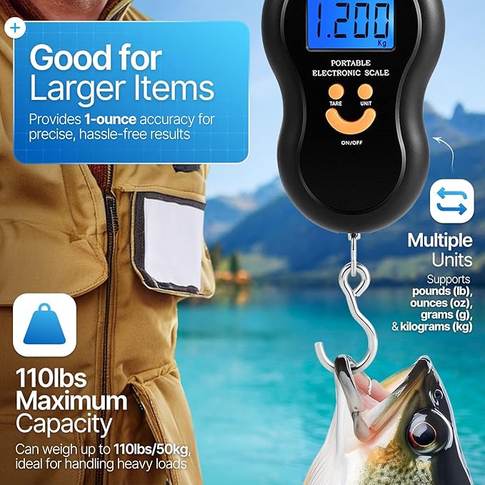 Flexzion Digital Hanging Scale – 110lb/50kg Portable Luggage Scale, and Fish Scale with Electronic Backlight LCD, Stainless Steel Hook, 2 AAA Included