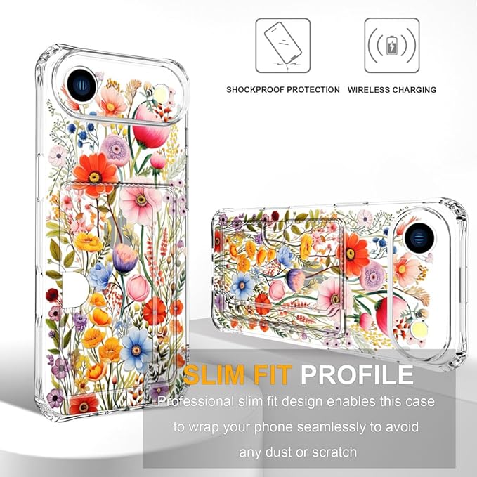Compatible with iPhone 17 Air Case Card Holder for Women Cute Design,Wallet Phone Cases Transparent Cool Kawaii Protective (Clear Flowers Lily Girly Florals)