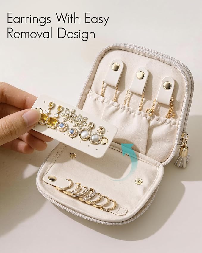 VLANDO Travel Jewelry Case,2-Layer Jewelry Organizer for Travel,Mothers Day Mom Gifts,Multi-Compartment Jewelry Storage for Rings Earrings Necklaces Bracelets-Cream White