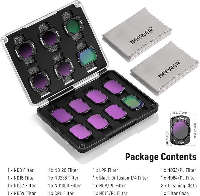 NEEWER 14 Pack Magnetic ND Filter Set + 2x Cleaning Cloth Compatible with DJI Osmo Pocket 4 Pocket 3, CPL ND8/16/32/64/128/256/1000 ND8/PL ND16/PL ND32/PL ND64/PL Black Diffusion 1/4 LPR Effect Filter