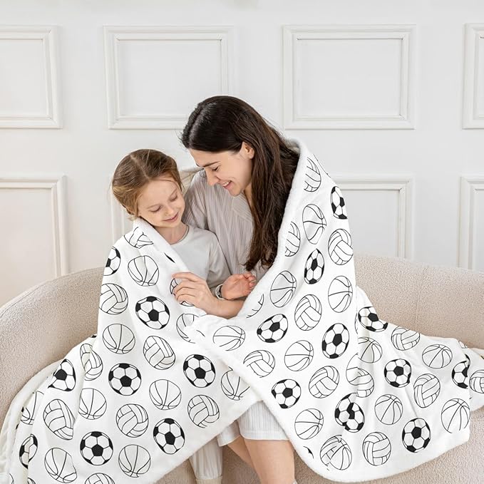Cartoon Ball Kids Throw Blanket - Basketball, Football, Volleyball Sports Blanket for Girls, Boys, Adults - Fuzzy Fleece in Black, White - Baby Size (30 x 39 Inches)