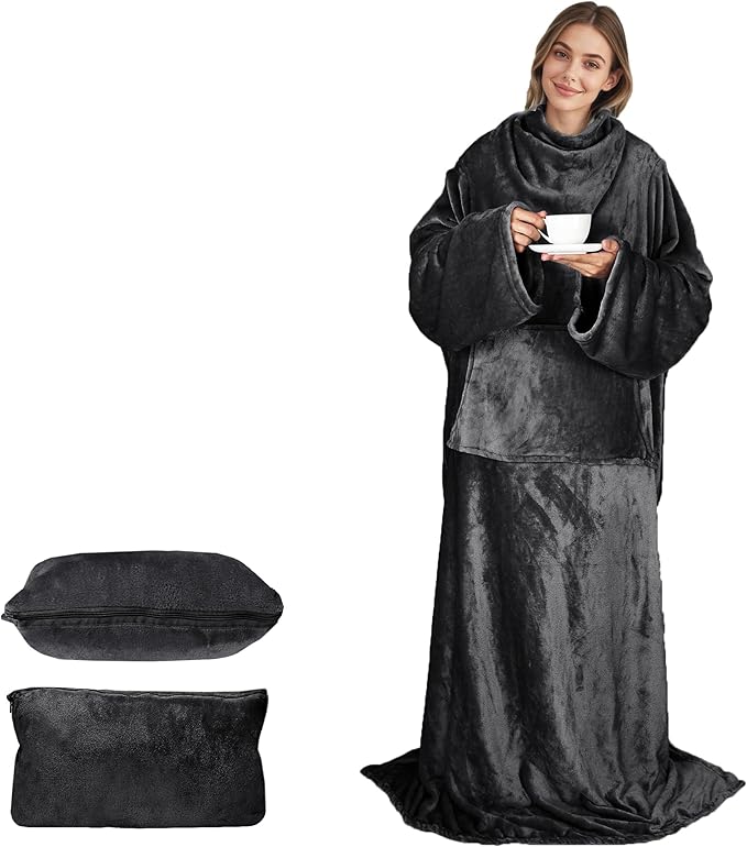 Catalonia Packable Travel Wearable Blanket Pillow with Sleeves for Adults, 2 in 1 Wearable Blanket with Pockets