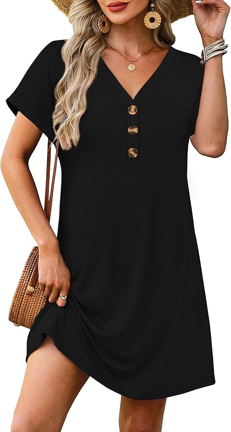 WIHOLL Summer Dresses for Women with Sleeves Midi Dress Button Down Beach Vacation Casual Dresses Fashion Clothing