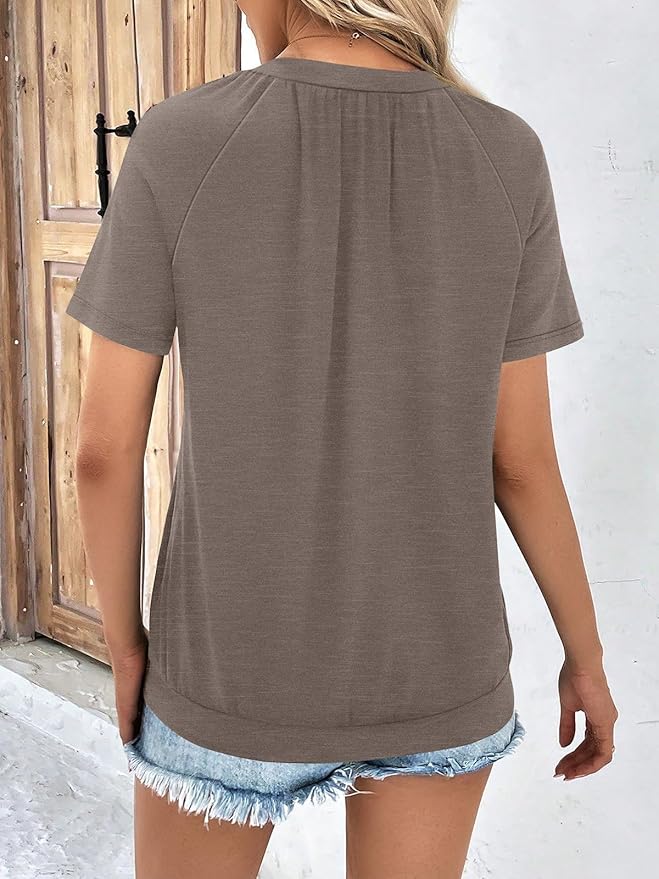 AUTOMET Womens Tops Short Sleeve V Neck T Shirts 2026 Summer Spring Beach Vacation Clothes Casual Loose Ruched Top