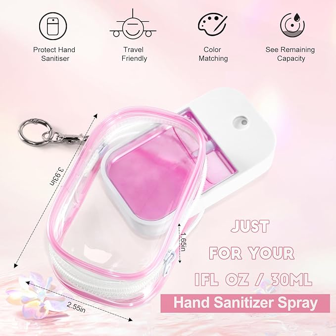 Hand Sanitizer Spray Clear Case for 1FL OZ/30ml, 3 Pack Hand Sanitizer Holder Zippered Pouch, Mini Clear Makeup Bag, Figures Display Bag, with Keychain Snap Hook (Pink & Blue & Purple)