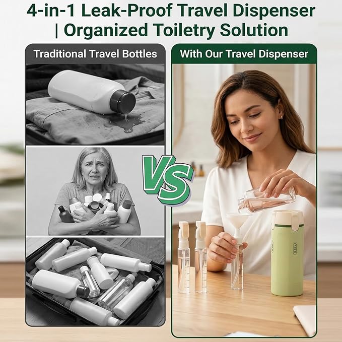 4 in 1 Travel Dispenser Bottle Set, Leakproof TSA Travel Size Containers for Toiletries, Portable Refillable Bottles, Hard Shell Rotating Design with Scale and Labels (Green, 4 Pack) (1, White)