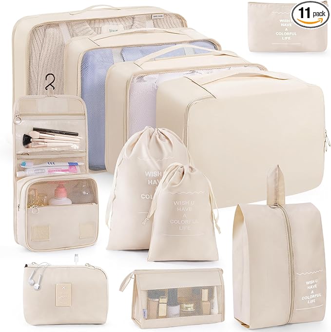 Packing Cubes 11 PCS, Mesh Breathable Luggage Organizers Bags, Packing Organizers, Durable Travel Essentials Bags Set, Travel Packing Organizers,Beige