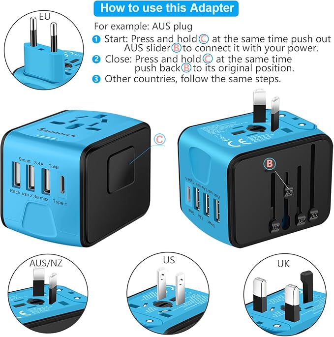 SAUNORCH Travel Adapter Worldwide, Universal International Power Plug Adapter W/2.4A 3xUSB-A and 3.0A Type-C Wall Charger, European Travel Plug Adapter for Europe UK EU US CA AU Italy Asia-Blue