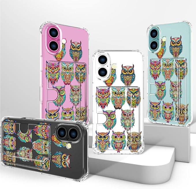 Compatible with iPhone 17 Case Card Holder for Women Cute Design,Wallet Phone Cases Transparent Cool Kawaii Protective (Clear Colorful Owls Cartoon)