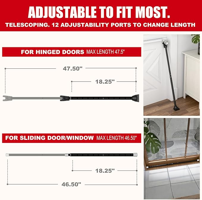 SECURITYMAN 3-in-1 Door Security Bar, Security Door Stoppers & Door Barricade – Heavy Duty Adjustable Iron Security Lock Bar for Home Defense, Apartment & Travel Safety (2 Pack - Black)