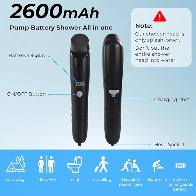 Portable Electric Bidet Sprayer, 2600mAh Rechargeable Handheld Bidet for Travel | Toilet | Personal Care | Postpartum | Hygiene Cleaning | Baby Care, 2.5L Water Container, 4ft Hose, Hook& Storage Bag