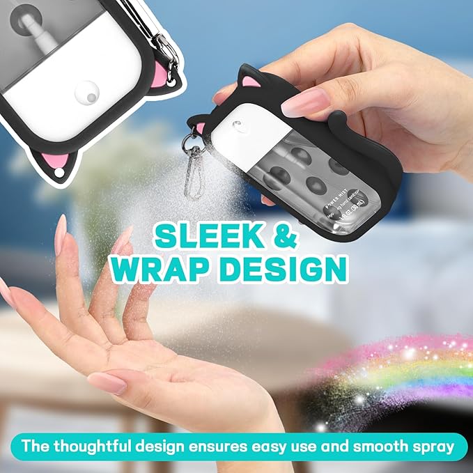Cat Silicone Case for Touchland Hand Sanitizer Spray with Keychain,Compatible with Power Mist 1FL OZ/30ML,4 Cute Charms Accessory Portable Hand Sanitizer Holder for Touchland(1PCS Black)