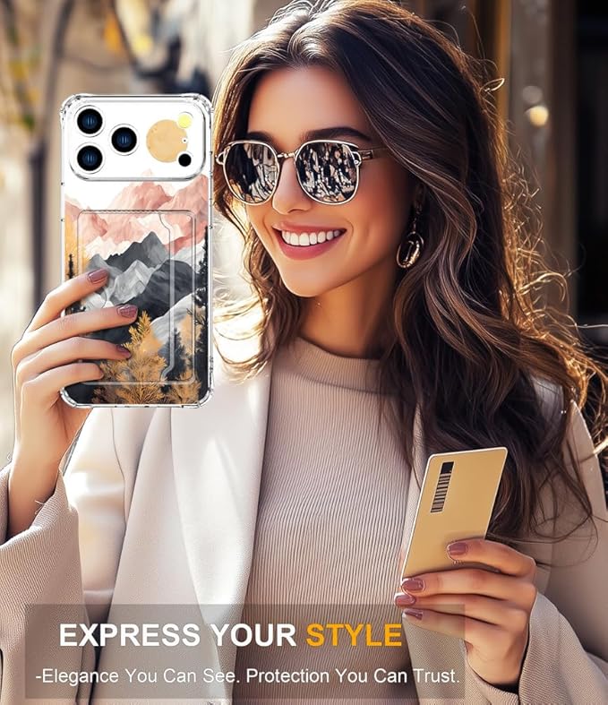 Compatible with iPhone 17 Pro Case Card Holder for Women Cute Design,Wallet Phone Cases Transparent Cool Kawaii Protective (Clear Mountain Hill Landscape)
