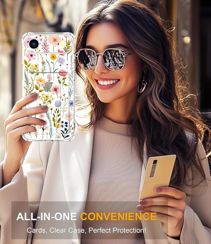 Compatible with iPhone 17 Air Case Card Holder for Women Cute Design,Wallet Phone Cases Transparent Cool Kawaii Protective (Clear Watercolor Floral)