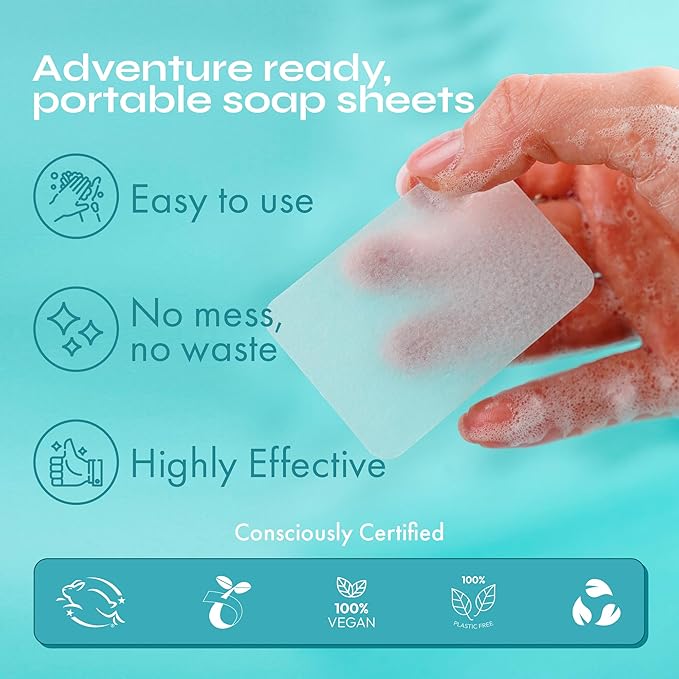 FOMIN - Antibacterial Paper Soap Sheets for Hand Washing - (300 Sheets) Unscented Portable Travel Soap Sheets, Dissolvable Camping Mini Soap, Portable Hand Soap sheet