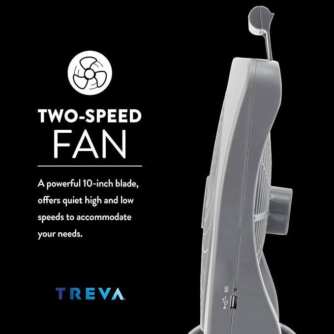 O2COOL Treva 10 inch Rechargeable Portable Fan Smart Power Air Circulator. Plug-In AC Adapter and Battery Powered, USB Charging Port, For Camping Travel and Indoors Use