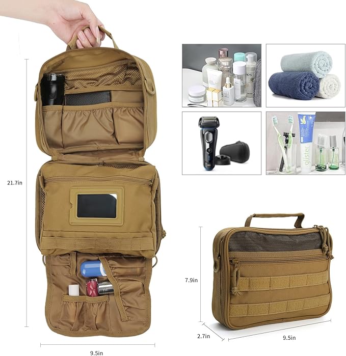 SUNRISING Tactical Travel Toiletry Bag for Men and Women, Hanging Travel Toiletry Organizer Dopp Kit, Toiletries Shaving Hygiene Bathroom Bag,Men's Toiletry Bag for Short Trips Camping - Khaki