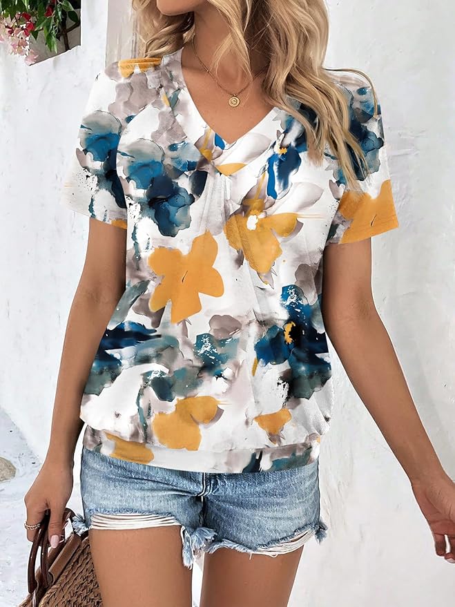 AUTOMET Womens Tops Short Sleeve V Neck T Shirts 2026 Summer Spring Beach Vacation Clothes Casual Loose Ruched Top