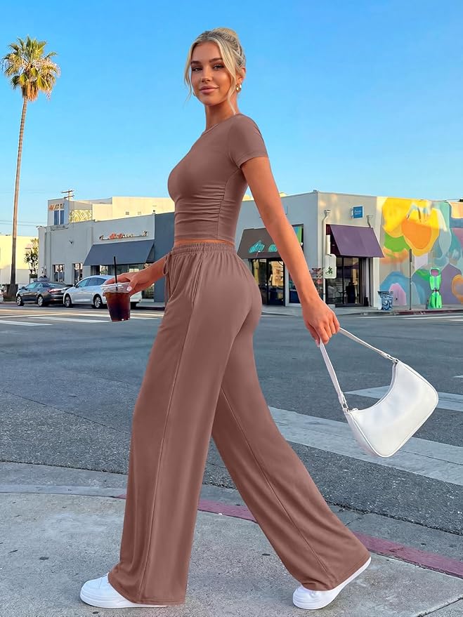 Trendy Queen 2 Piece Matching Summer Lounge Set Womens Side Ruching Top Wide Leg Pants Sets with Pockets