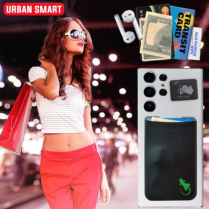 Phone Wallet - Adhesive Card Holder - Cell Phone Pouch - Stick on Lycra Pocket by Gecko - Carry Credit Cards and Cash