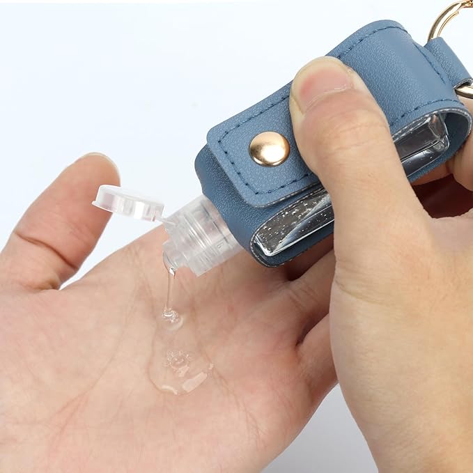 Unaone 1oz/30ml Hand Sanitizer Holder Travel Size, Empty Bottle Leather Sanitizer Holder with Keychain Portable Small Squeeze Bottle Refillable Container for Toiletry Lotion Liquid Soap Shampoo Blue