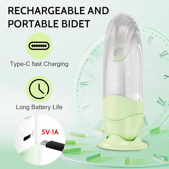 Portable Bidet for Travel Mini Handheld Bottle-Ready Jet Sprayer, Type-C Rechargeable with Gentle & High-Pressure Modes, On-The-Go Camping Toilet Hygiene for Women, Men & Babies（Green）