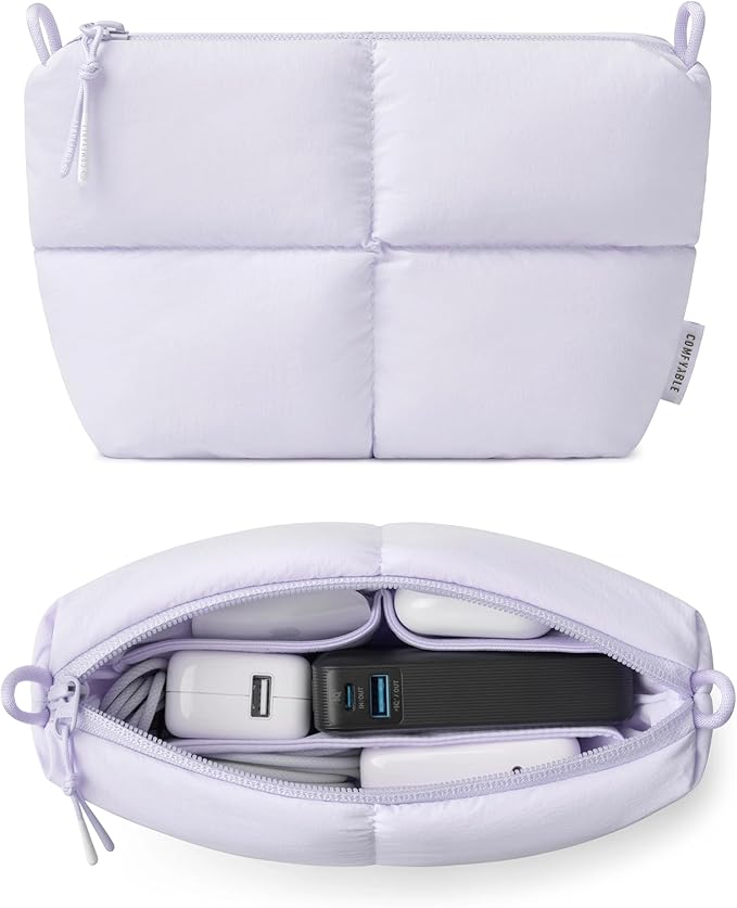 Comfyable Puffy Electronics Organizer Travel Case, Cute Tech Pouch for Women Men, Cable Storage Bag for Charger, Phone, Power Bank, Cord, Compact Tech Accessories Pouch, Lavender